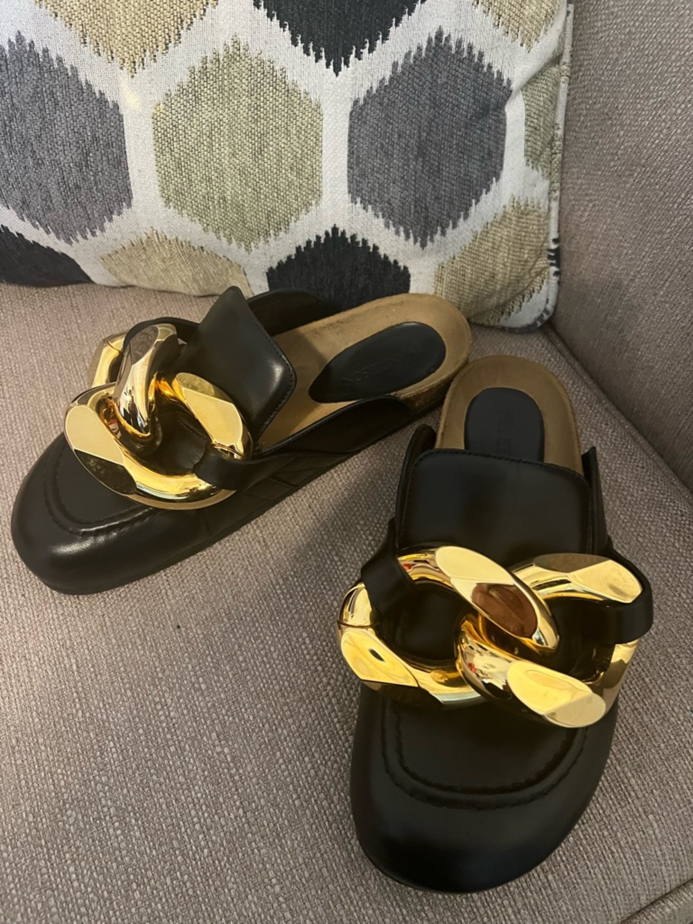 JW Anderson Gold Chain Leather Mules Slides Black IT 40 Made In Italy